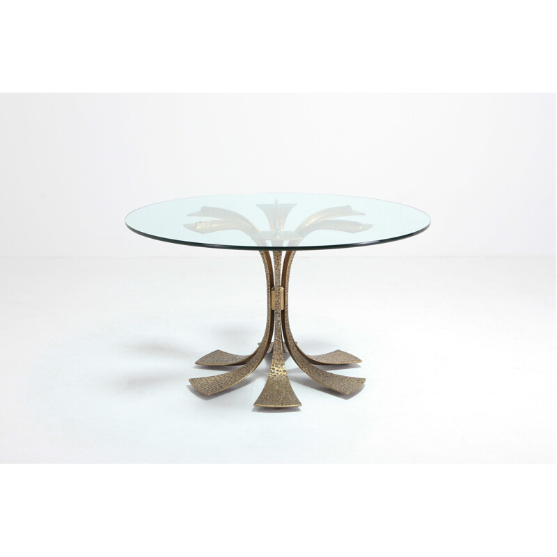 Table in hammered brass and glass by Luciano Frigerio