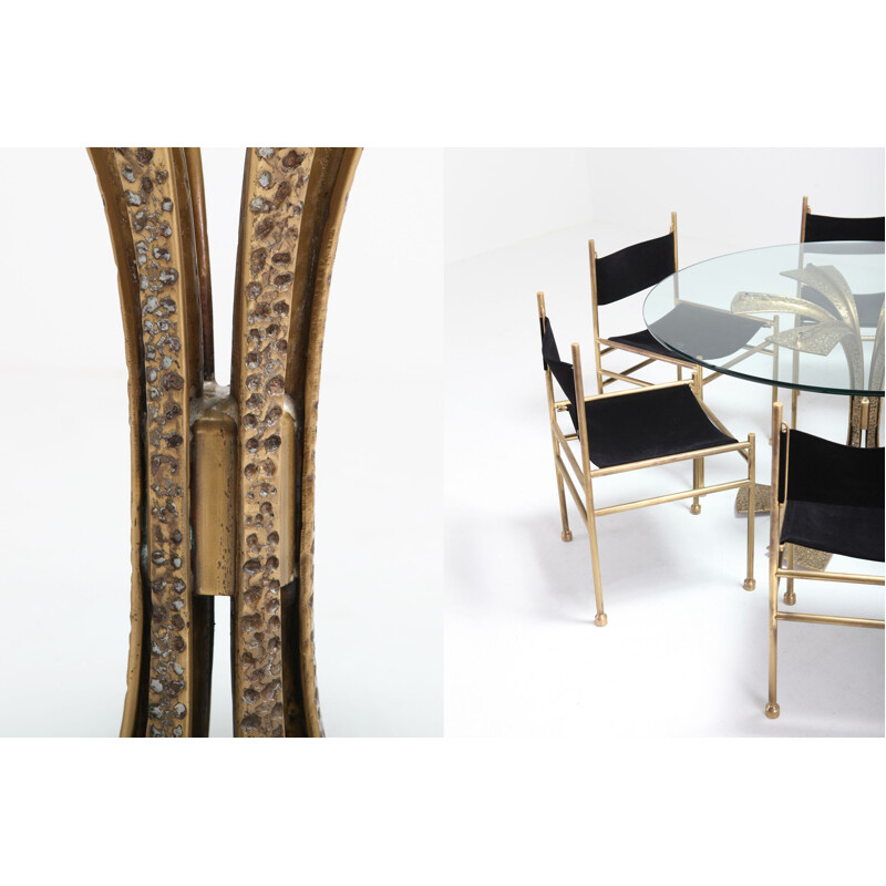 Table in hammered brass and glass by Luciano Frigerio