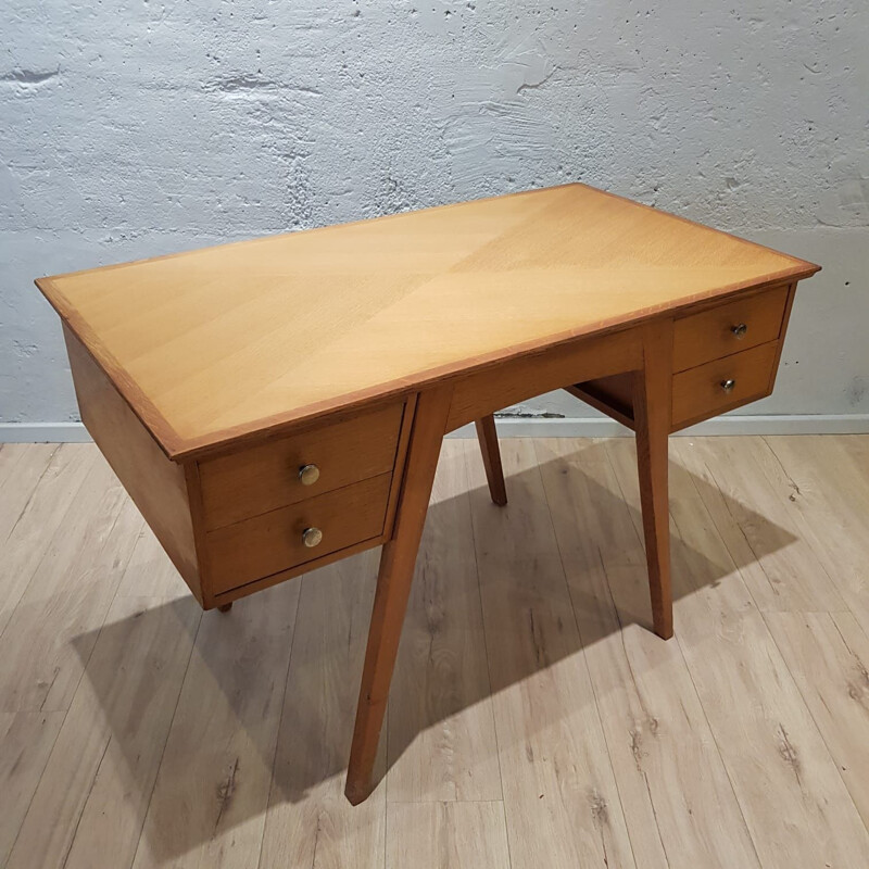 Vintage desk double sided in clear oak France 1950