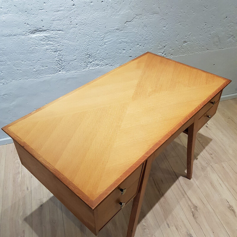 Vintage desk double sided in clear oak France 1950