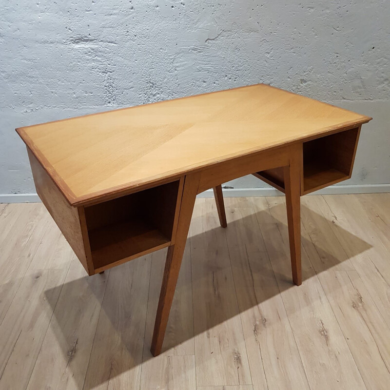 Vintage desk double sided in clear oak France 1950