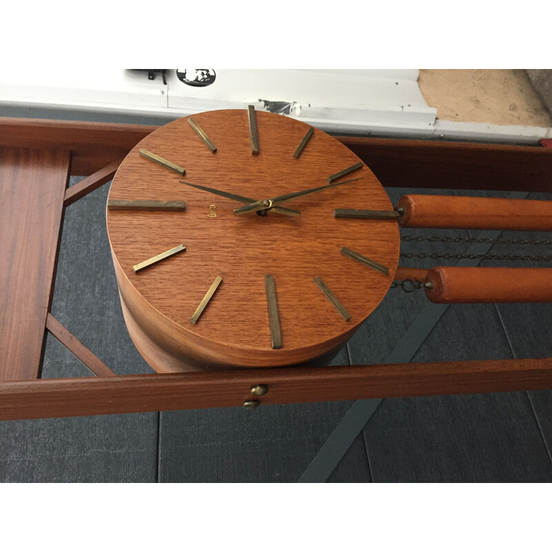 Vintage clock in teak pendulum and balance weight Scandinavian