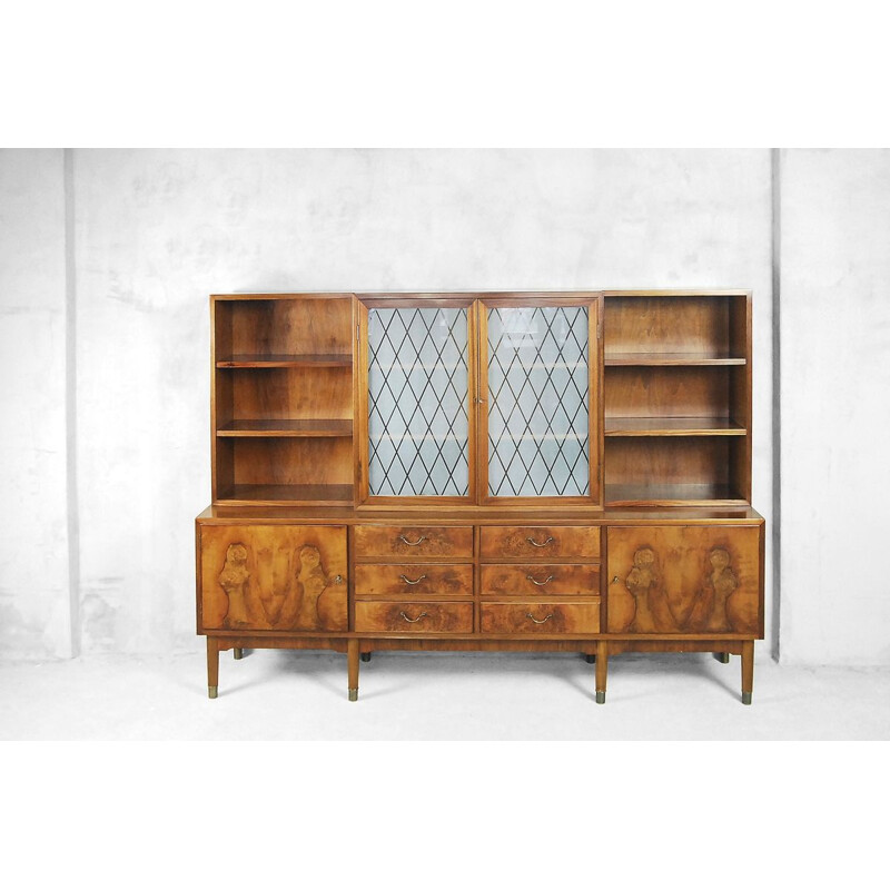 Vintage burr walnut sideboard with glass cabinet, Sweden 1940