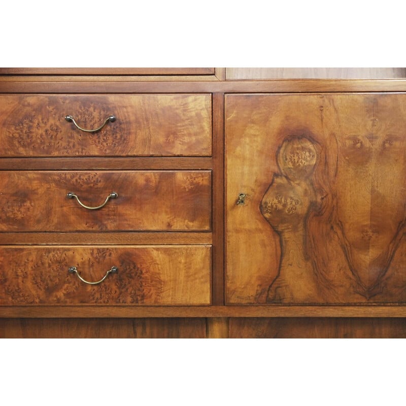 Vintage burr walnut sideboard with glass cabinet, Sweden 1940