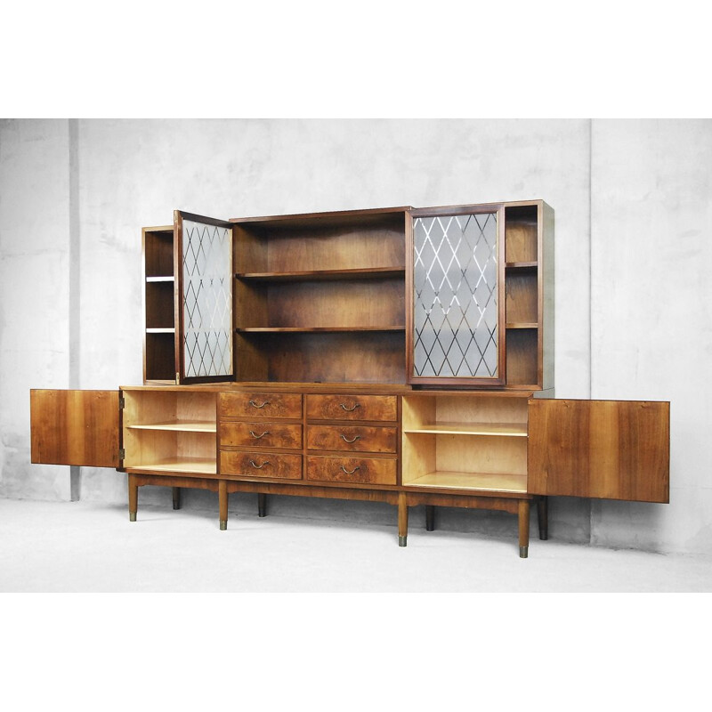 Vintage burr walnut sideboard with glass cabinet, Sweden 1940