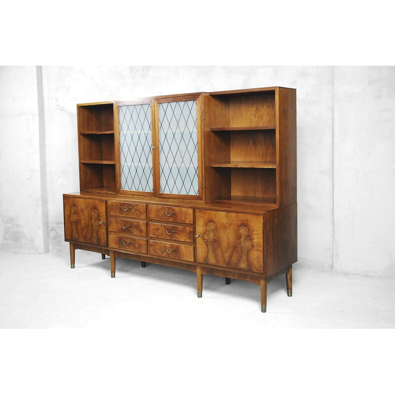 Vintage wortelnoten dressoir met glazen kast, Zweden 1940