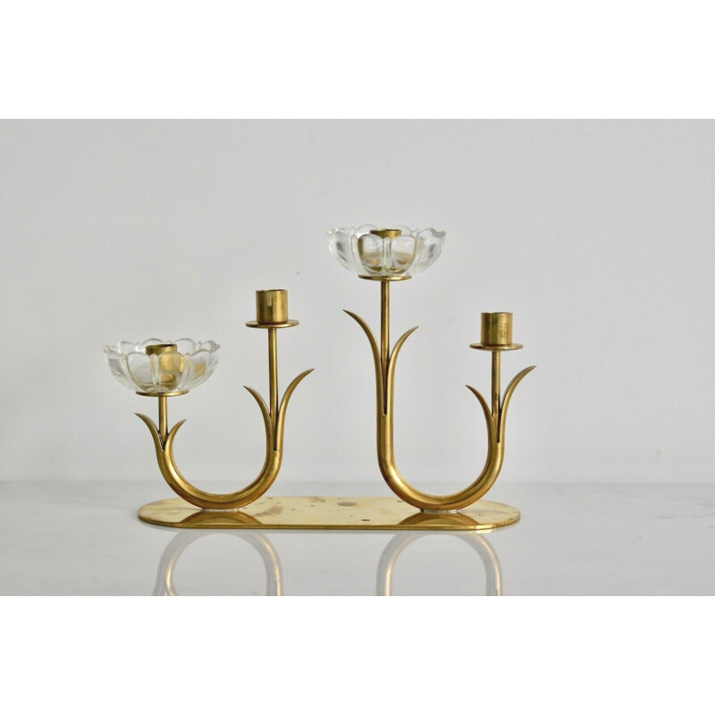 Candelabro vintage de vidrio transparente y latón de Ystad Metall, 1960