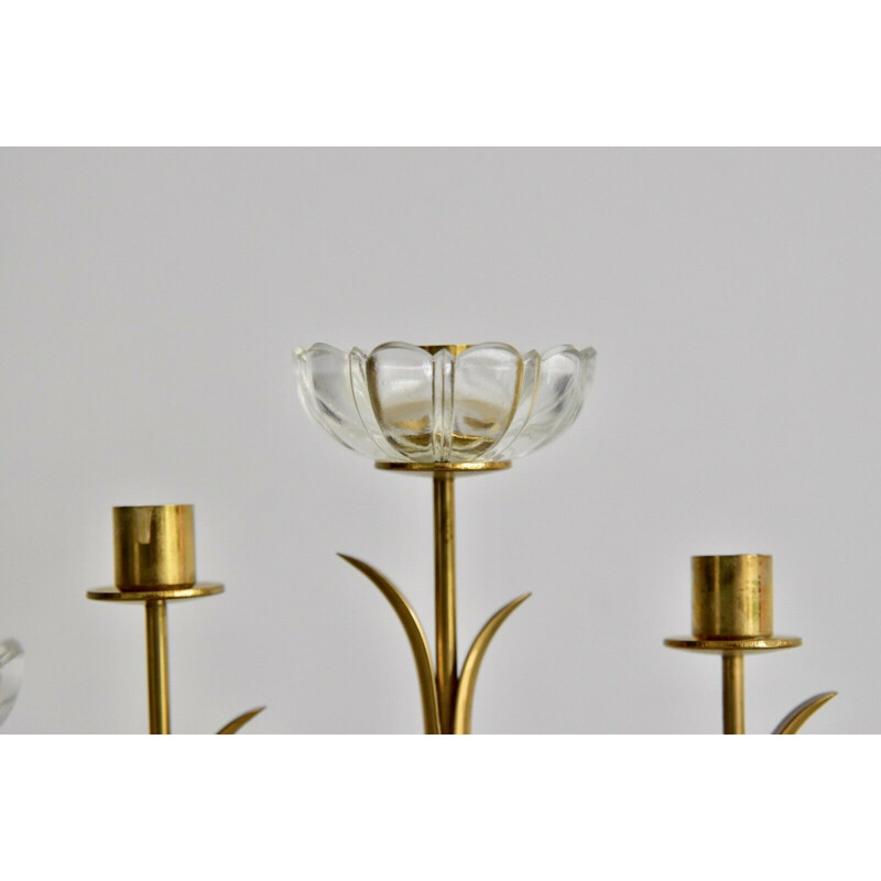 Vintage candle holder clear glass in brass by Ystad Metall, 1960