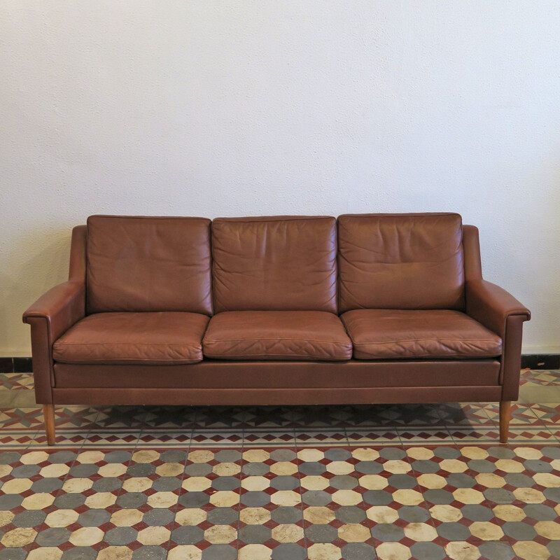 Scandinavian vintage sofa in brown leather and wood 1980