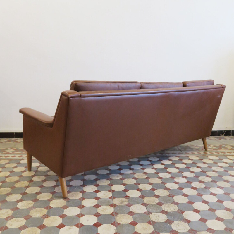 Scandinavian vintage sofa in brown leather and wood 1980