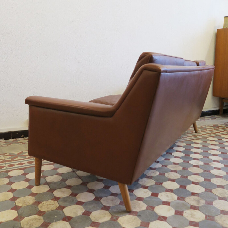 Scandinavian vintage sofa in brown leather and wood 1980