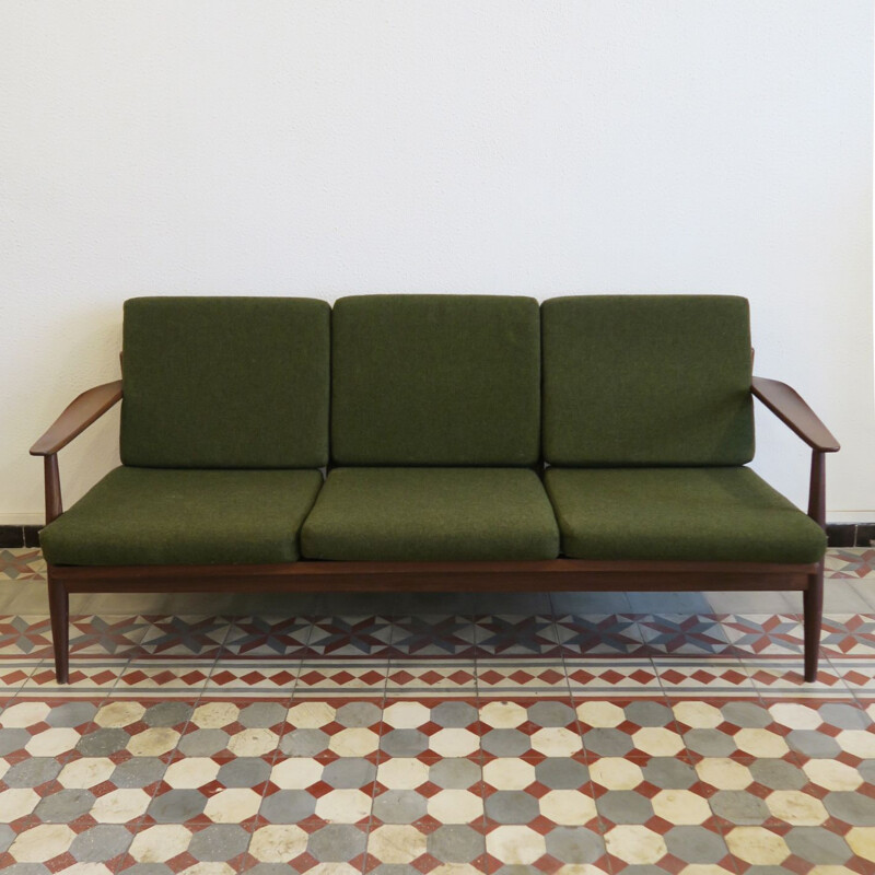 Ensemble de salon vintage scandinave en tissu vert et bois 1970