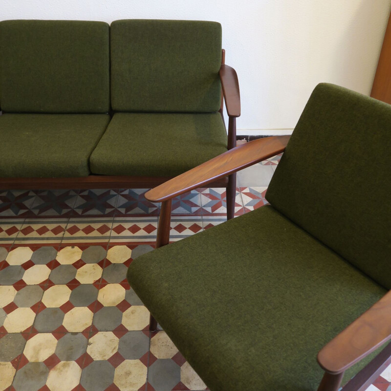 Ensemble de salon vintage scandinave en tissu vert et bois 1970