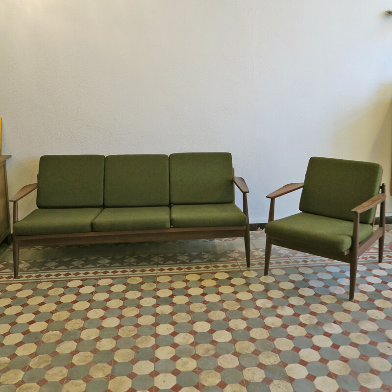 Scandinavian vintage living room set in green fabric and wood 1970