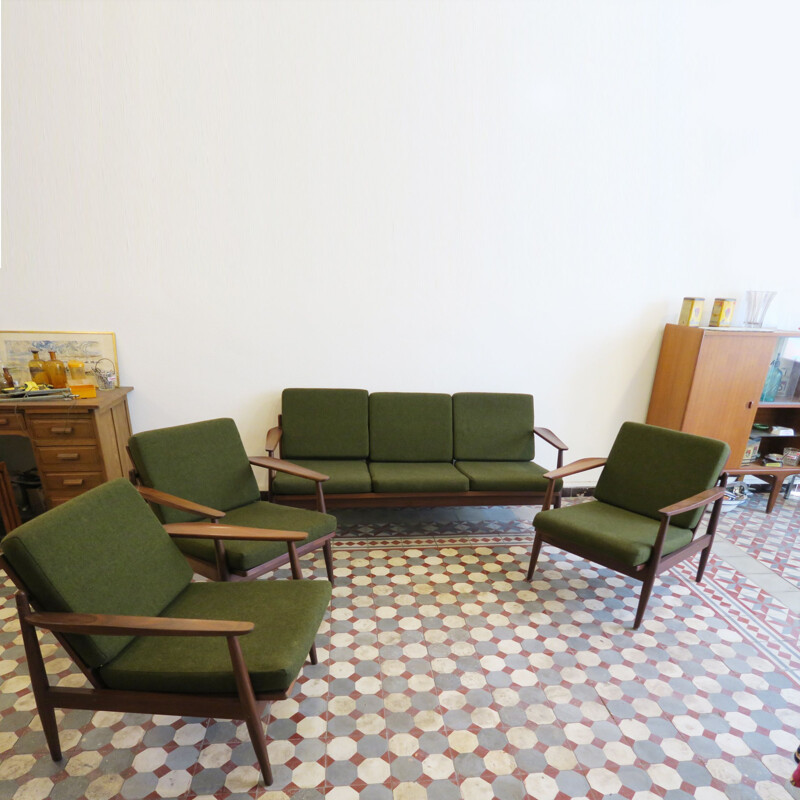 Ensemble de salon vintage scandinave en tissu vert et bois 1970