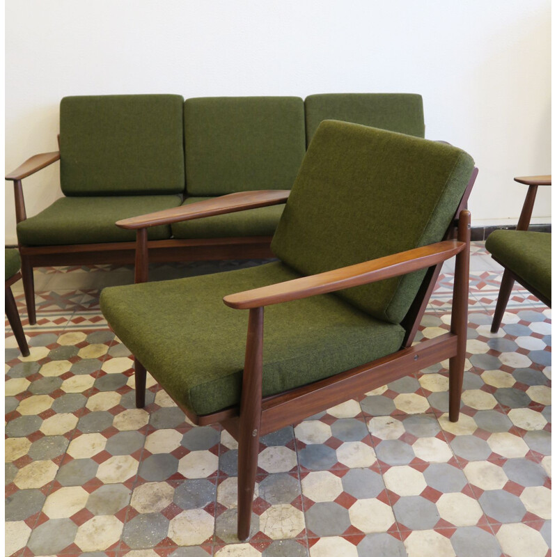 Scandinavian vintage living room set in green fabric and wood 1970