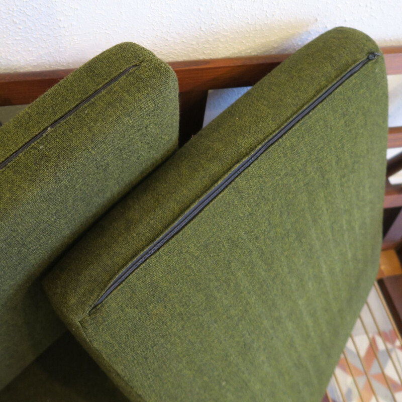 Scandinavian vintage living room set in green fabric and wood 1970