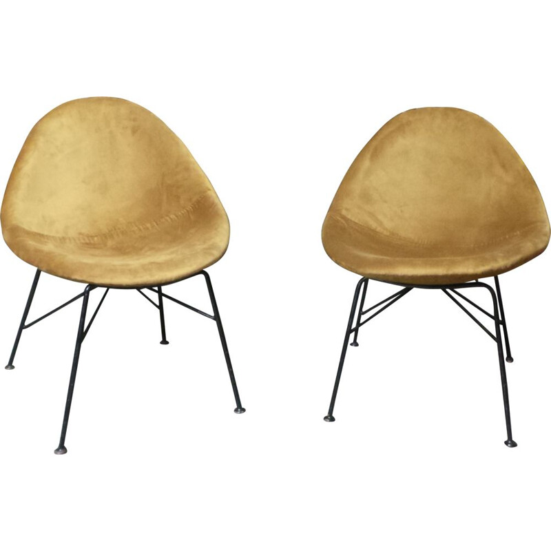 Pair of vintage chairs and stools by Navratil in yellow fabric and metal 1950