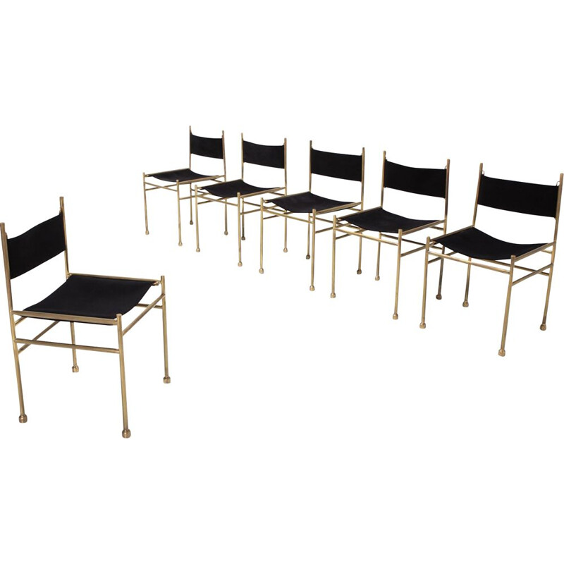 Set of 6 brass and black velvet chairs by Luciano Frigerio