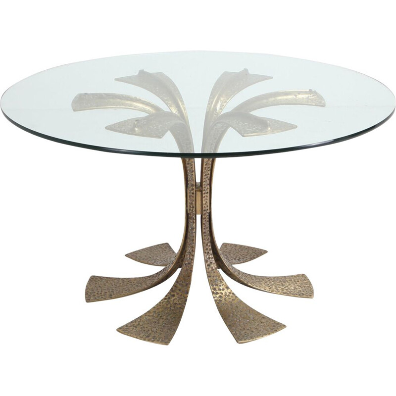 Table in hammered brass and glass by Luciano Frigerio