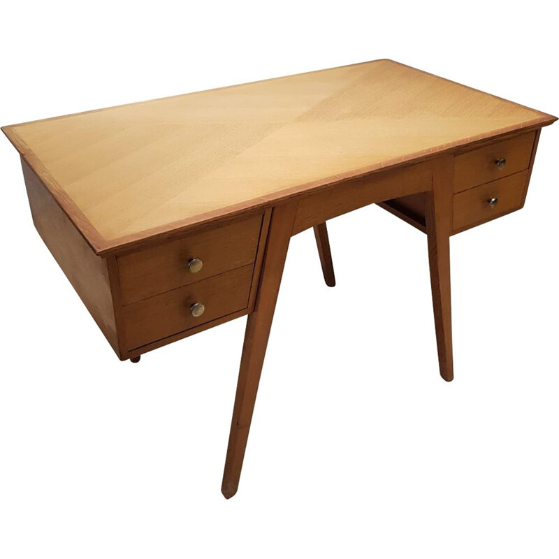Vintage desk double sided in clear oak France 1950