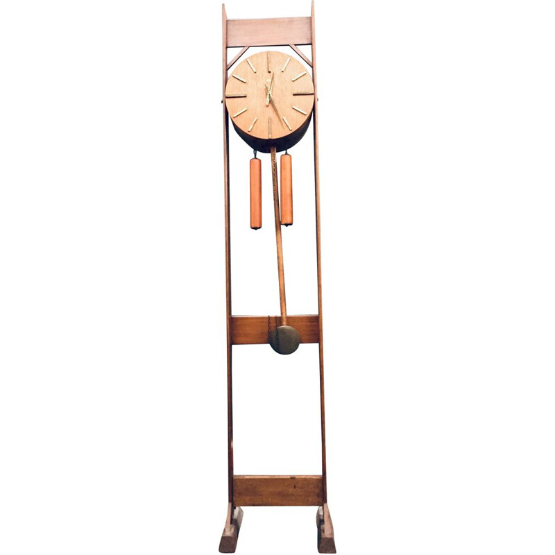 Horloge vintage en teck à balancier et contrepoids scandinave 