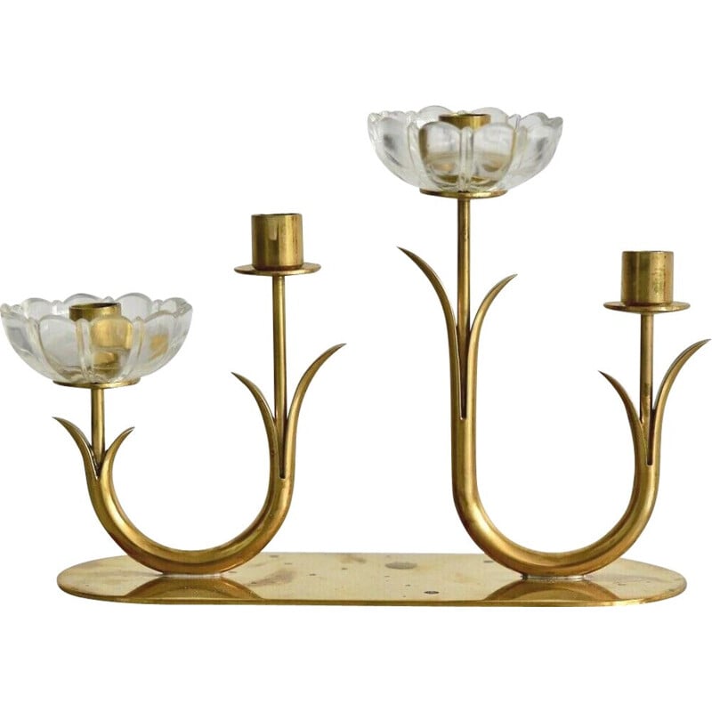 Candelabro vintage de vidrio transparente y latón de Ystad Metall, 1960