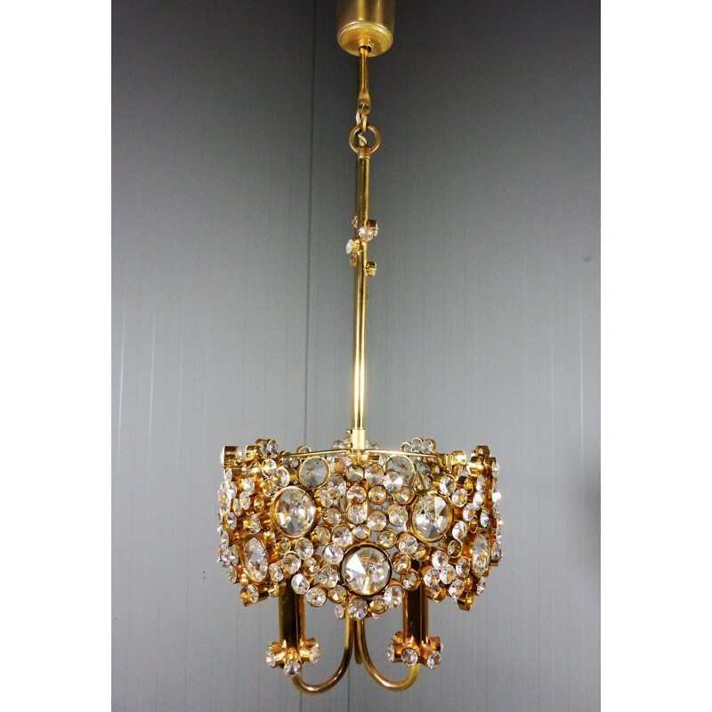 Vintage Chandelier Gilded Brass & Crystal by Palwa Germany 1970s