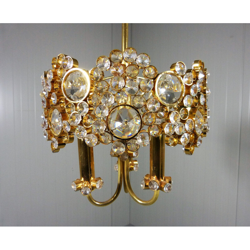 Vintage Chandelier Gilded Brass & Crystal by Palwa Germany 1970s