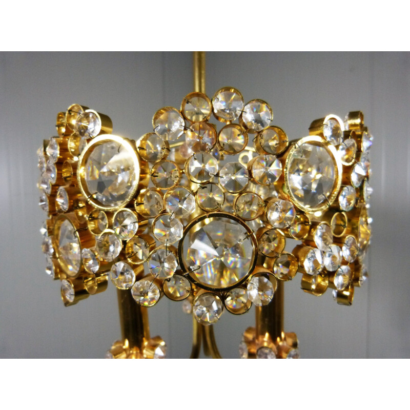 Vintage Chandelier Gilded Brass & Crystal by Palwa Germany 1970s