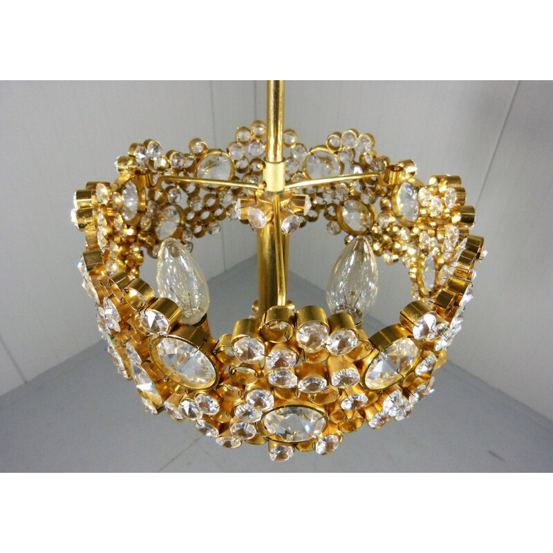 Vintage Chandelier Gilded Brass & Crystal by Palwa Germany 1970s