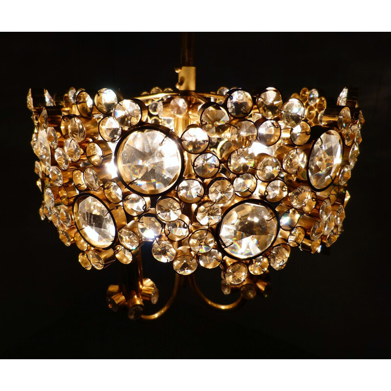 Vintage Chandelier Gilded Brass & Crystal by Palwa Germany 1970s