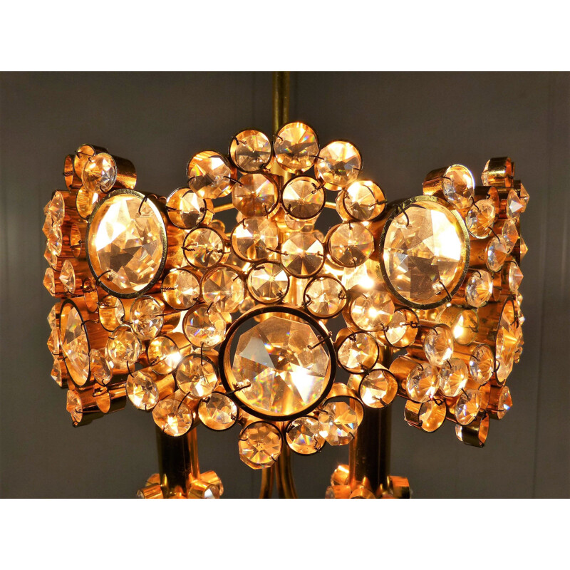 Vintage Chandelier Gilded Brass & Crystal by Palwa Germany 1970s