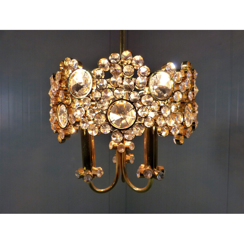 Vintage Chandelier Gilded Brass & Crystal by Palwa Germany 1970s