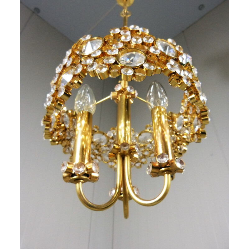 Vintage Chandelier Gilded Brass & Crystal by Palwa Germany 1970s