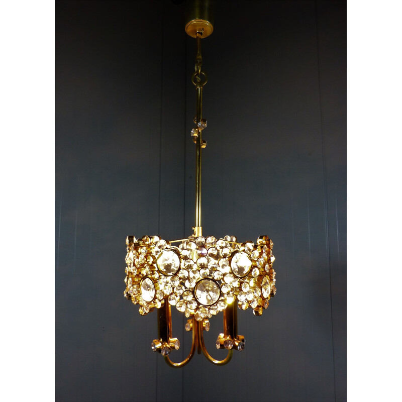 Vintage Chandelier Gilded Brass & Crystal by Palwa Germany 1970s