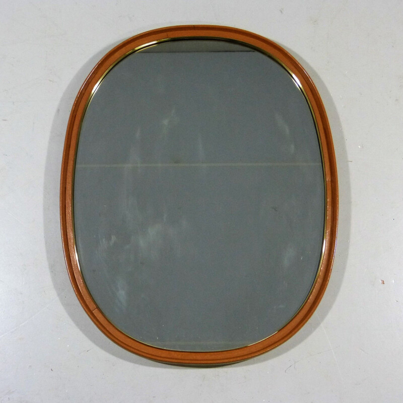 Vintage Wall Mirror Leather & Brass 1950s