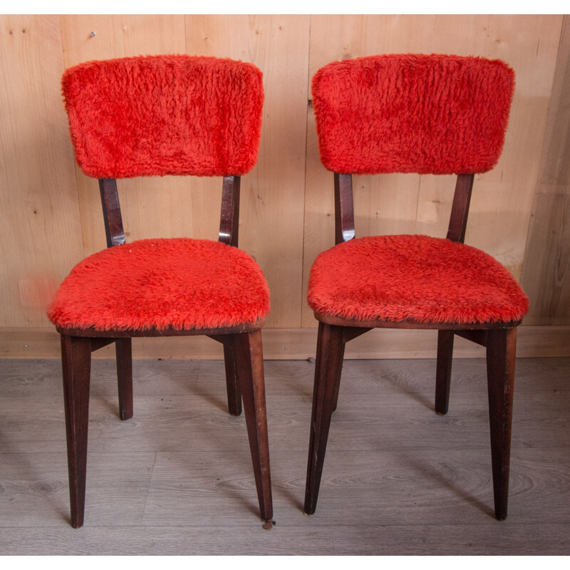 Pair of vintage chairs Bistro red in beech France 1960s