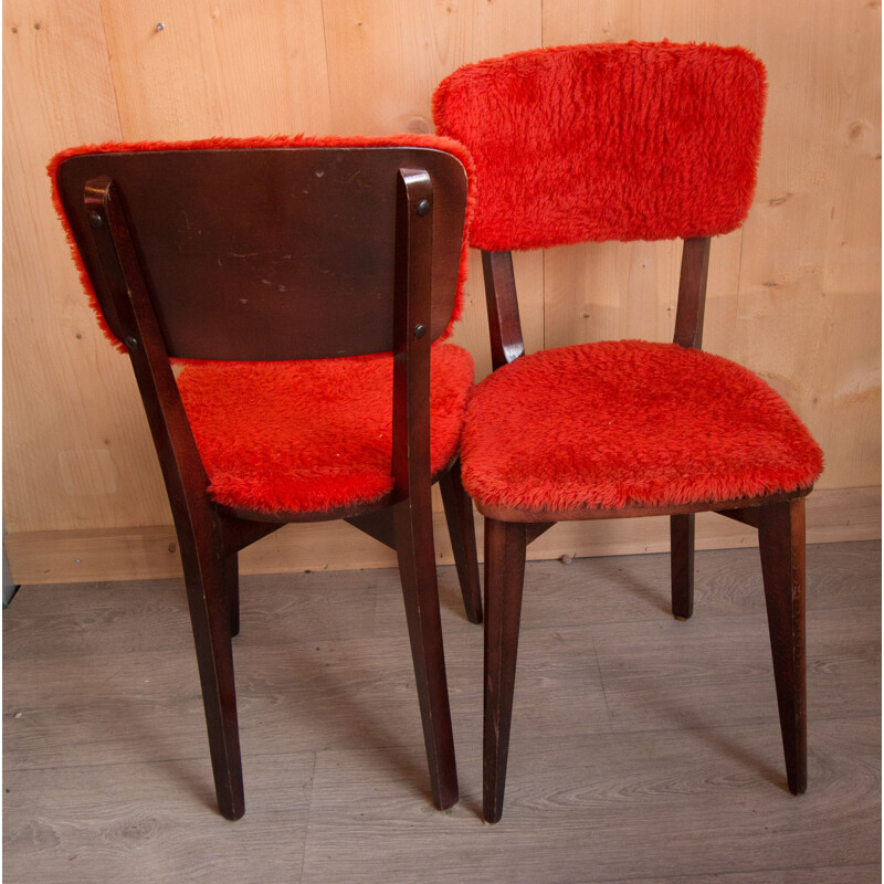 Pair of vintage chairs Bistro red in beech France 1960s