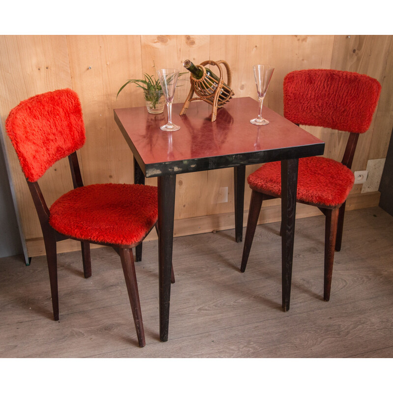 Pair of vintage chairs Bistro red in beech France 1960s