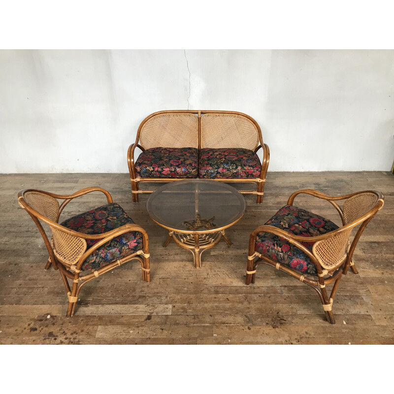 Vintage lounge set in fabric and rattan 1960