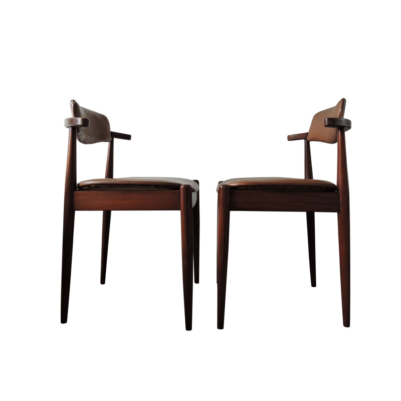 Set of 3 chairs in teak and brown leatherette