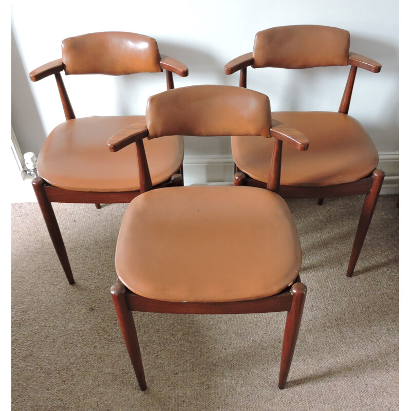 Set of 3 chairs in teak and brown leatherette