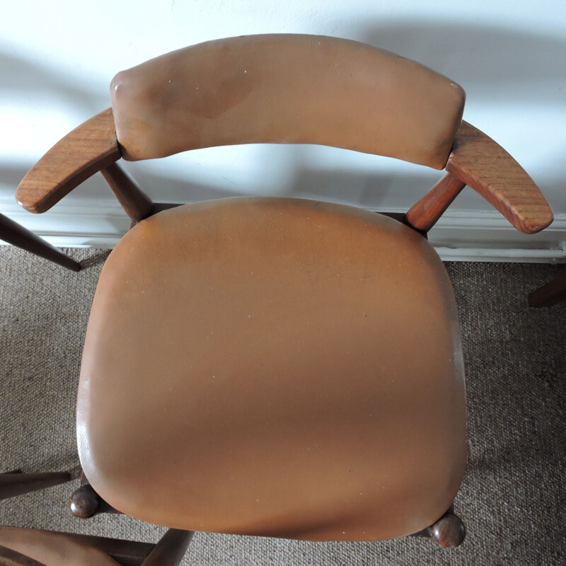 Set of 3 chairs in teak and brown leatherette