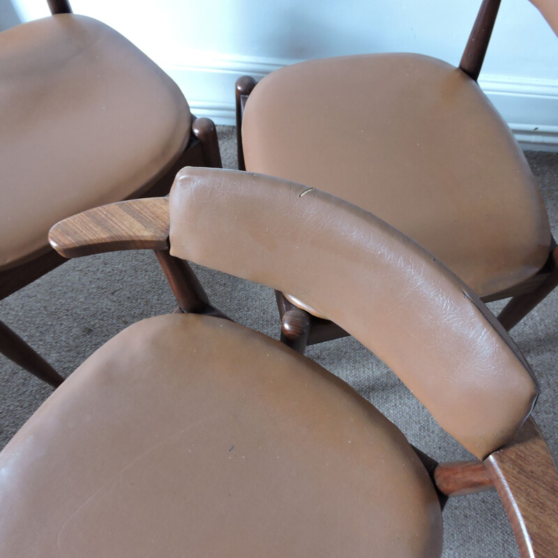 Set of 3 chairs in teak and brown leatherette