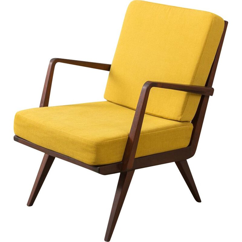 Vintage armchair for Knoll Antimott in yellow polyester and beechwood 1950