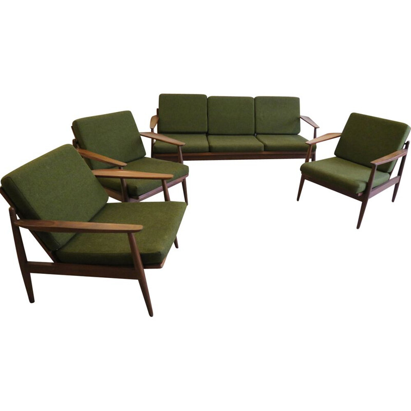 Scandinavian vintage living room set in green fabric and wood 1970