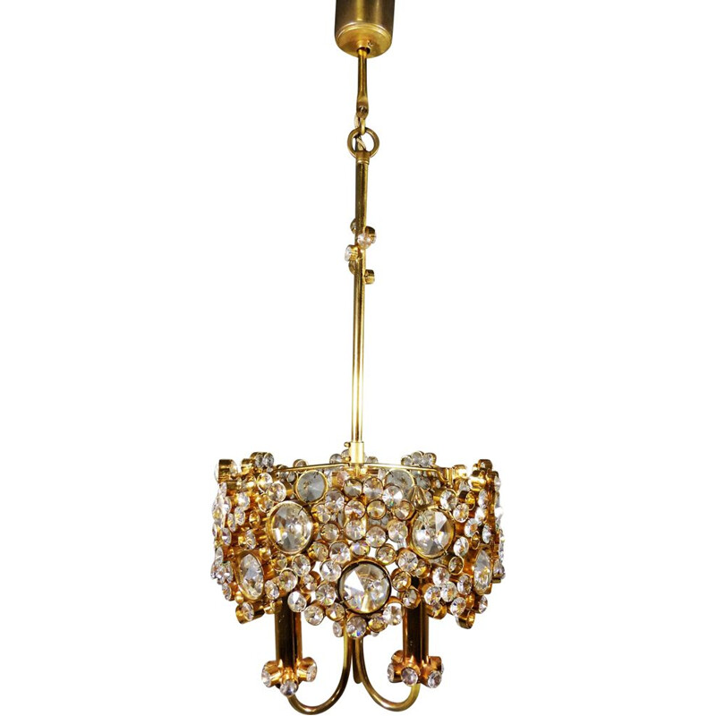 Vintage Chandelier Gilded Brass & Crystal by Palwa Germany 1970s