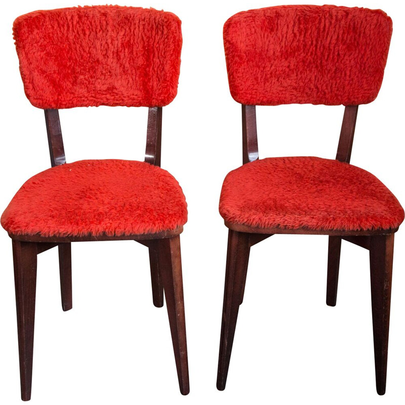 Paire de chaises vintage de bistrot rouge en hêtre France 1960s
