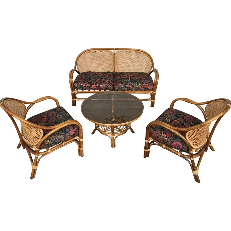 Vintage lounge set in fabric and rattan 1960